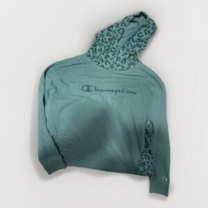 Champion Green Leopard Print Pullover Hoodie Crew Neck Long Sleeve Women's M